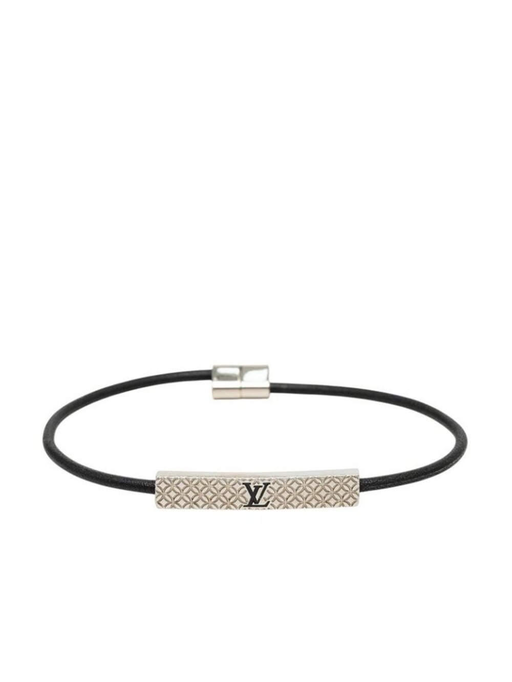 Louis Vuitton Bracelet Champs Elysees Logo Plate Silver Metal Leather